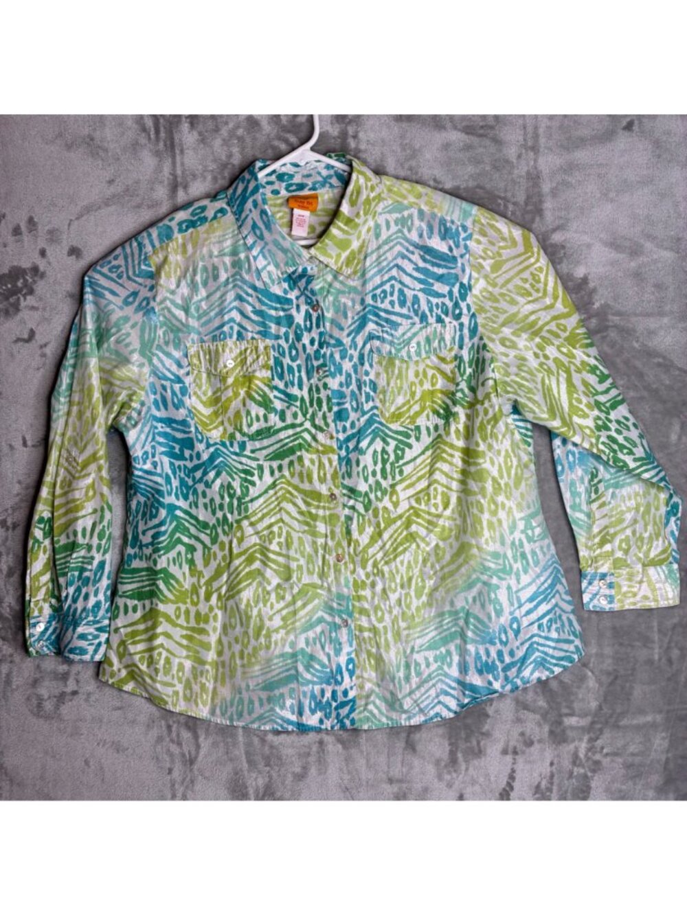 Ruby Rd Womens 22W Shirt Green Blue Abstract Print Cotton Blend Long Sleeve⁠ - Picture 2 of 7
